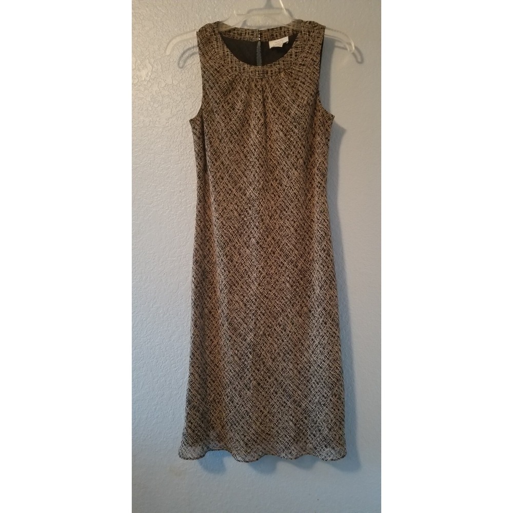 Ann Taylor Loft Dress Sleeveless A-Line Midi Sheer Lined Black Tan Sz 2 Elegant